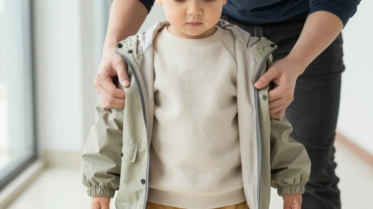 Rodič obléká malé dítě do několika vrstev oblečení pro krátkou procházku.