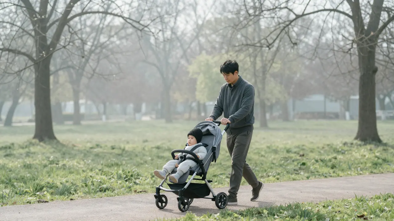 Rodič veze dítě v kočárku po tichém, mlžném parku za čerstvým vzduchem.