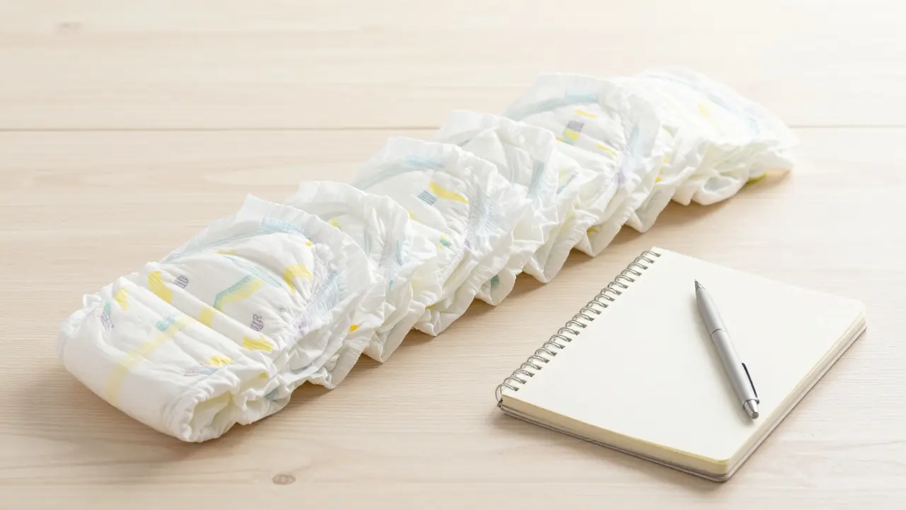 S㜿řadené bílé plenky vedle zápisníku na dřevěném stole.