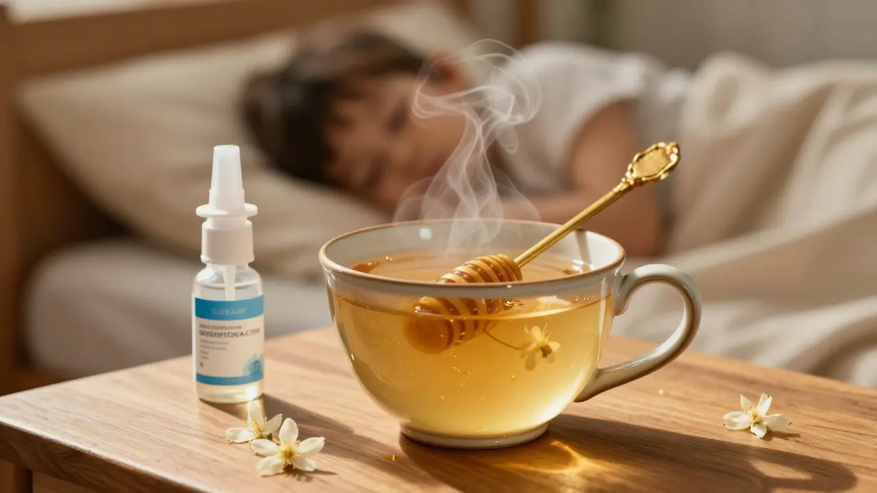 Šálek vlažného čaje s medem a fyziologický roztok na nočním stolku.