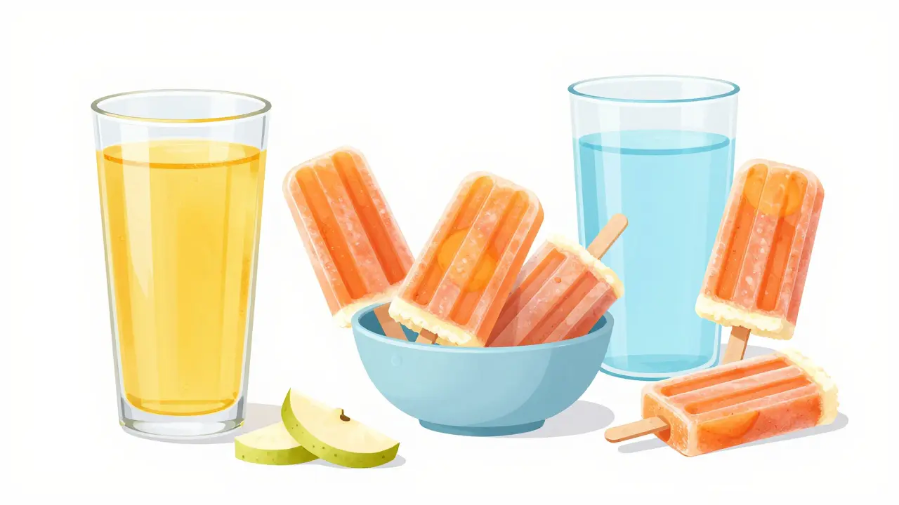 Sestava hydratačních nápojů a ledranek pro děti při horečce.