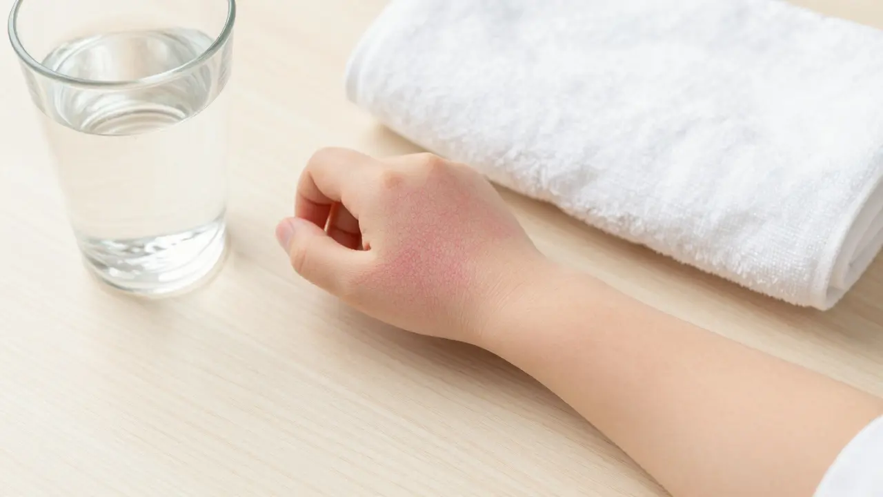 Síťkovaná růžová vyrážka na končetině dítěte.