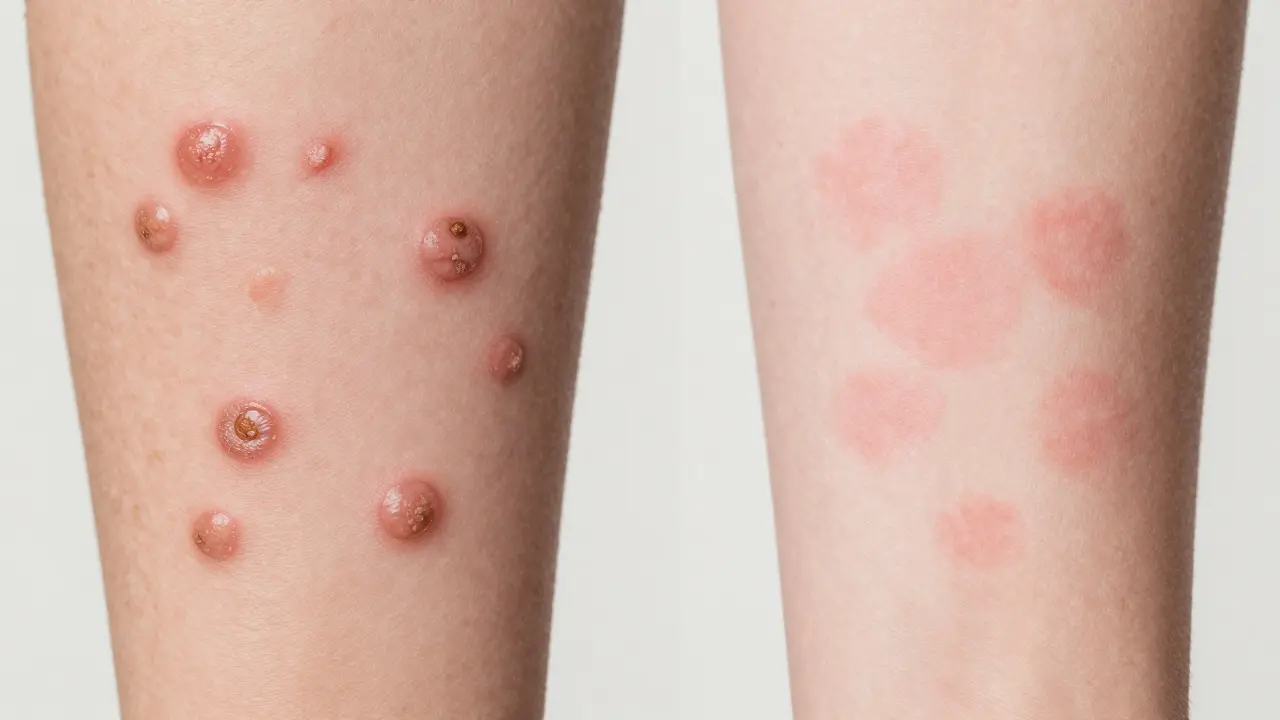 Srovnání vypadajících pupínků neštovic s plochými růžovými skvrnami zardenek.