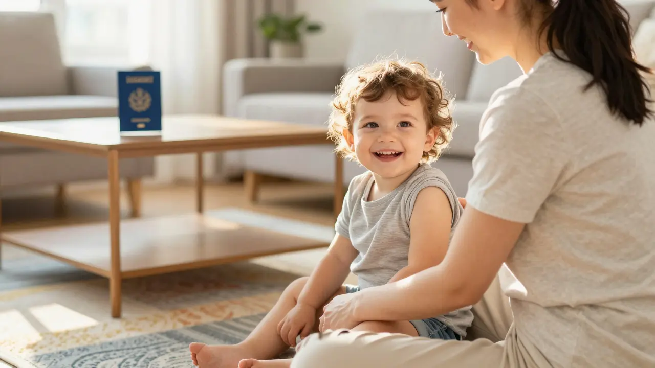 Šťastné batole s rodičem v obývacím pokoji s očkovacím pasem v pozadí.