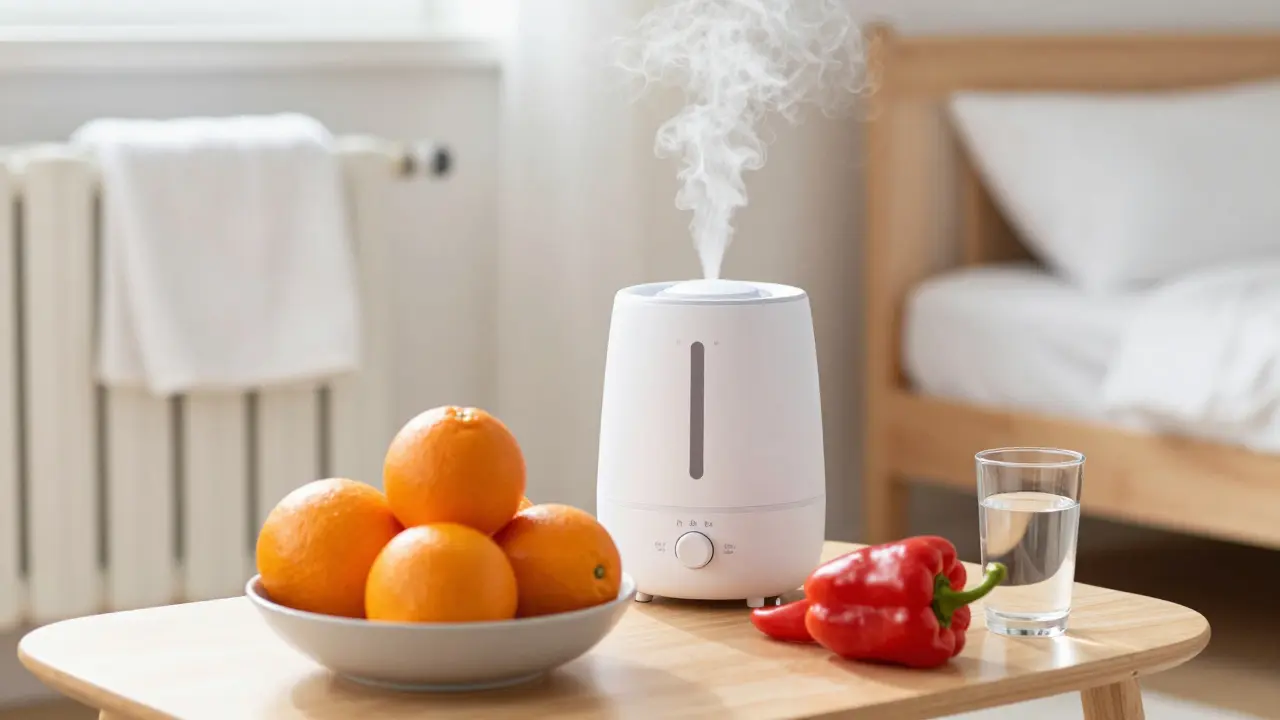 Zvlhčovač vzduchu a vitamínové potraviny v dětském pokoji.