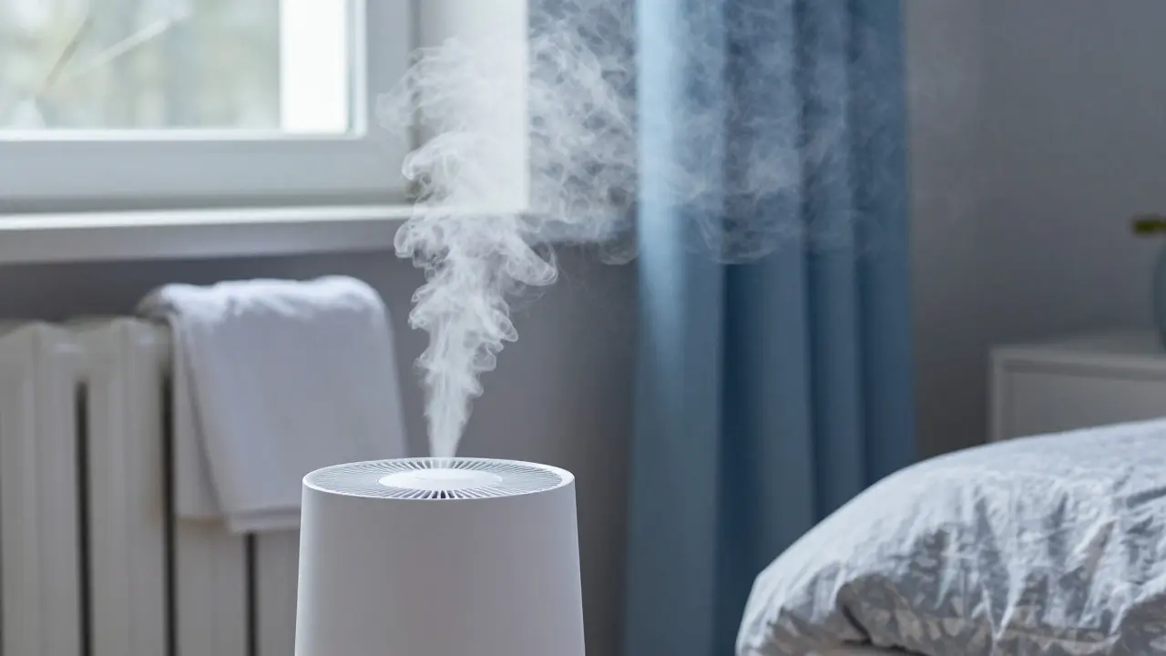 Zvlhčovač vzduchu vyvádějící mlhu v dětském pokoji pro ulevu při kašli.