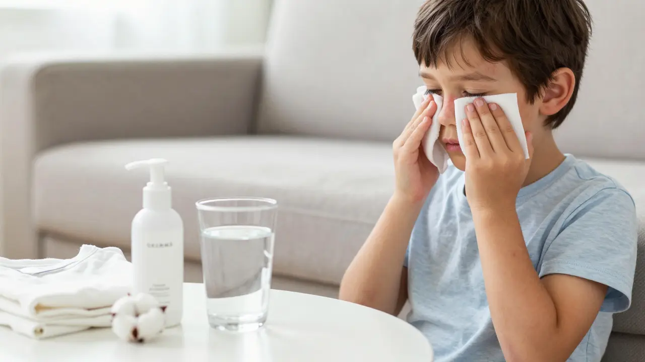 Dítě s chladivým obkladem a hypoalergenními krémy pro úlevu od svědění