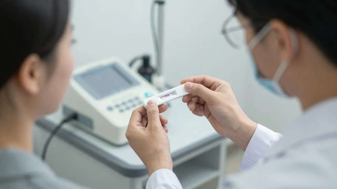 Lékař provádí stěr z krku pro diagnostiku typu angíny v ordinaci.