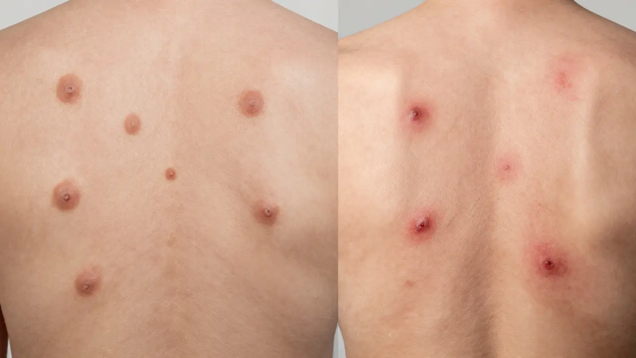 Porovnání vyrážky: stejné fáze u neštovic versus různé fáze u přezlenky.