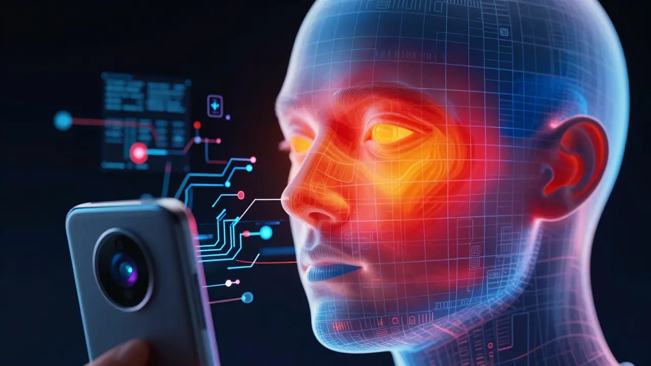 AI analýza obličeje s tepelnou mapou pro odhad horečky