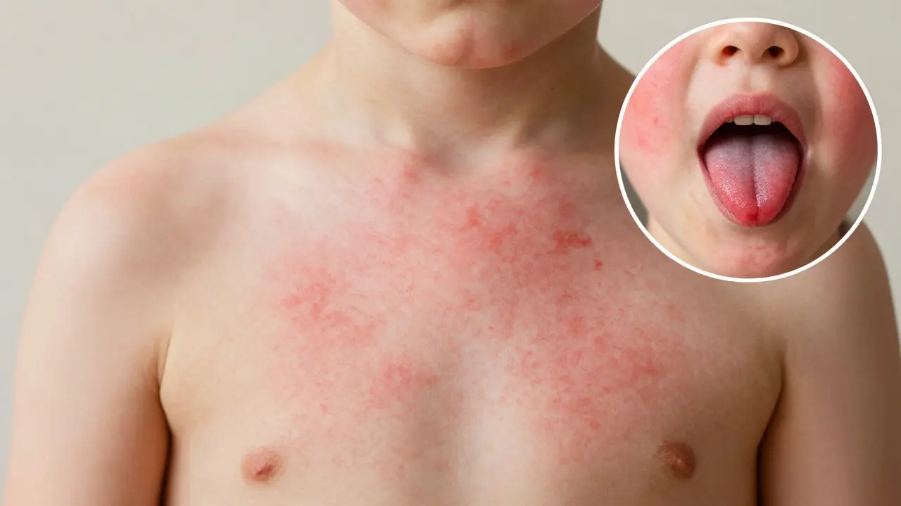Drsná červená vyrážka a bledé rty při škarlatové horečce