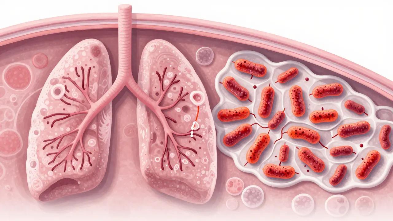 Ilustrace bakterií Bordetella paralyzujících řasinky v průduškách