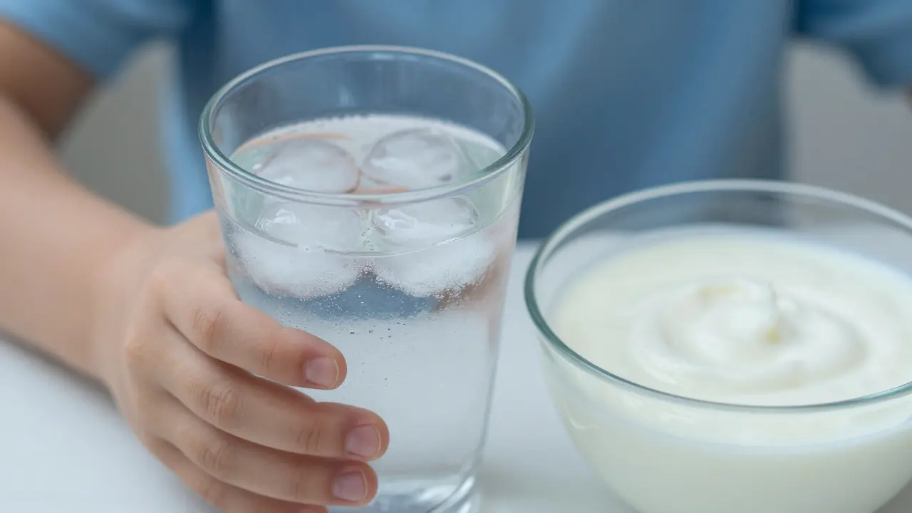 Sklenice studené vody s ledem a jogurt pro úlevu od bolesti krku