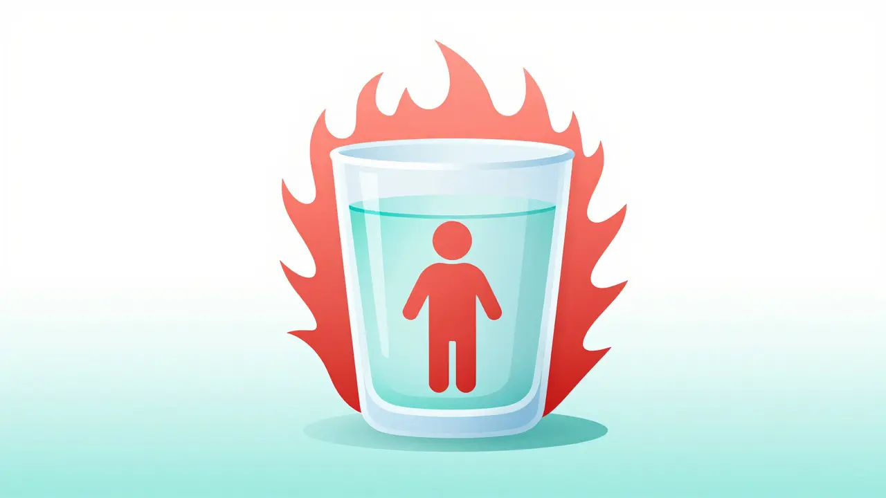 Symbolická ilustrace hydratace jako ochrany před horečkou