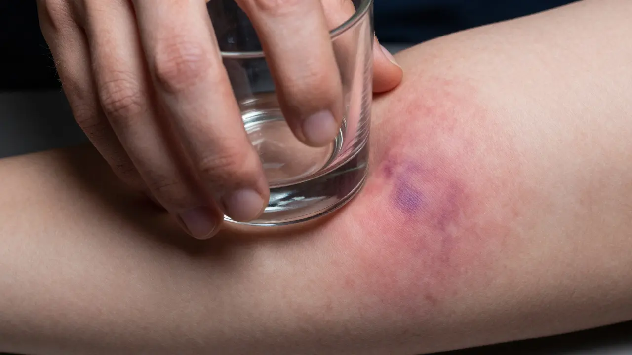 Test sklenicí na purpurovou vyrážku, která nebledne pod tlakem