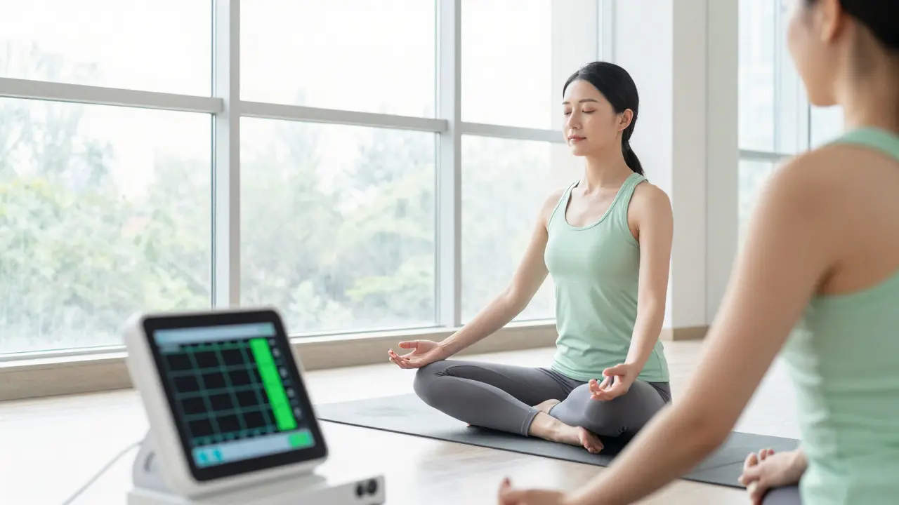 Žena cvičí pánevní dno s pomocí biofeedback přístroje