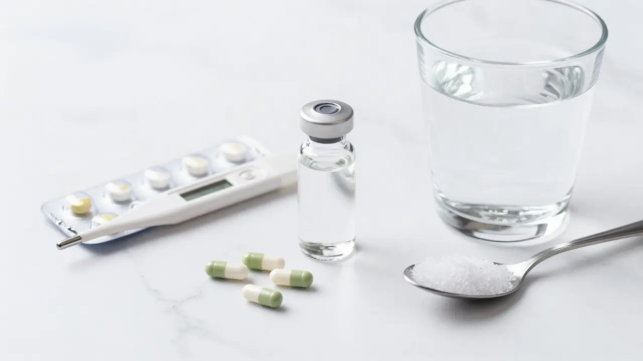 Antibiotika, teploměr a sklenice vody se solí na bílém mramoru představují léčbu.