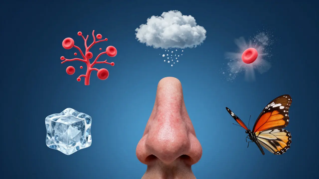 Konceptuální zobrazení různých příčin červeného nosu jako alergie nebo rosacea