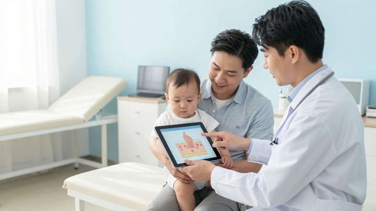 Pediatr vysvětluje rodičům příčinu vyrážky pomocí tabletu v ordinaci