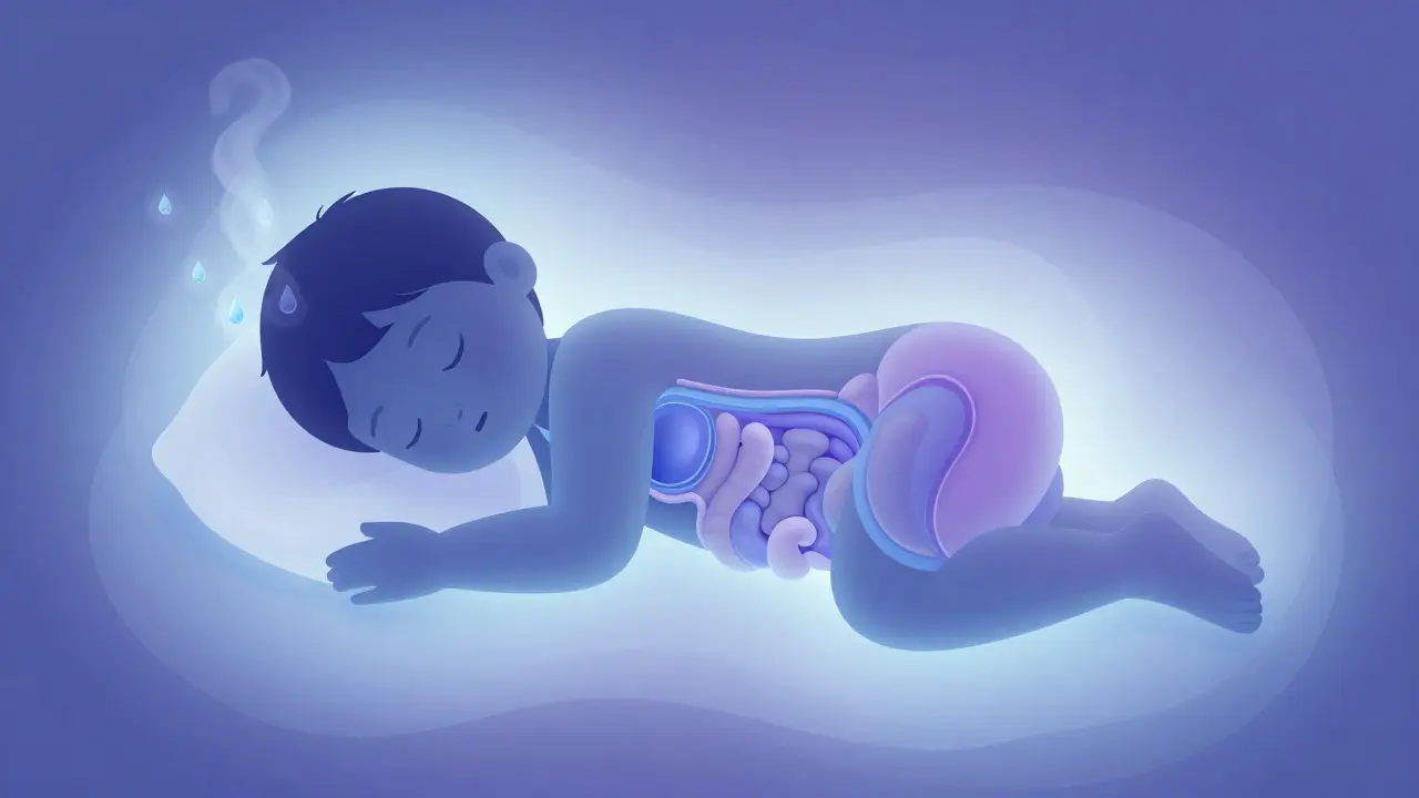Abstraktní ilustrace klidného spánku dítěte s vizuálními metaforami hydratace