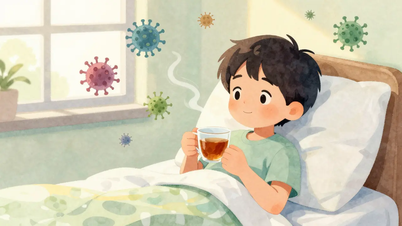 Ilustrace dítěte uzdravujícího se v posteli při denním světle