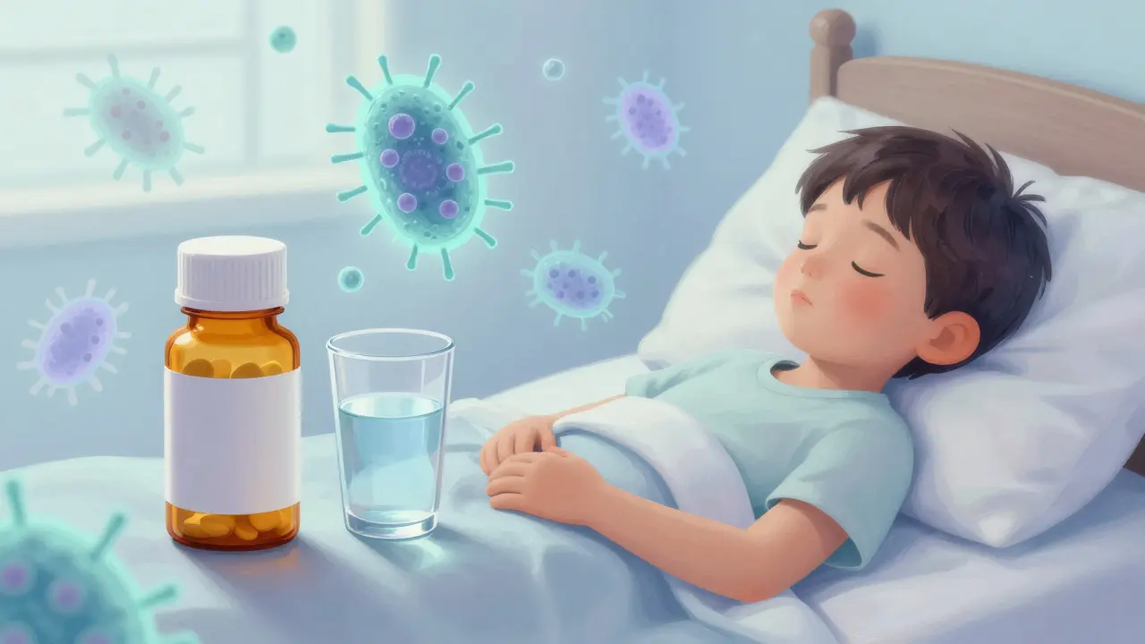 Ilustrace léčby antibiotiky a odpočinku nemocného dítěte