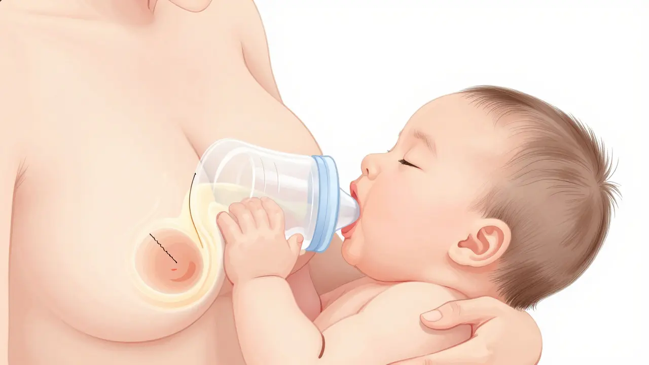 Konceptuální ilustrace mechaniky sajení a toku mléka během kojení