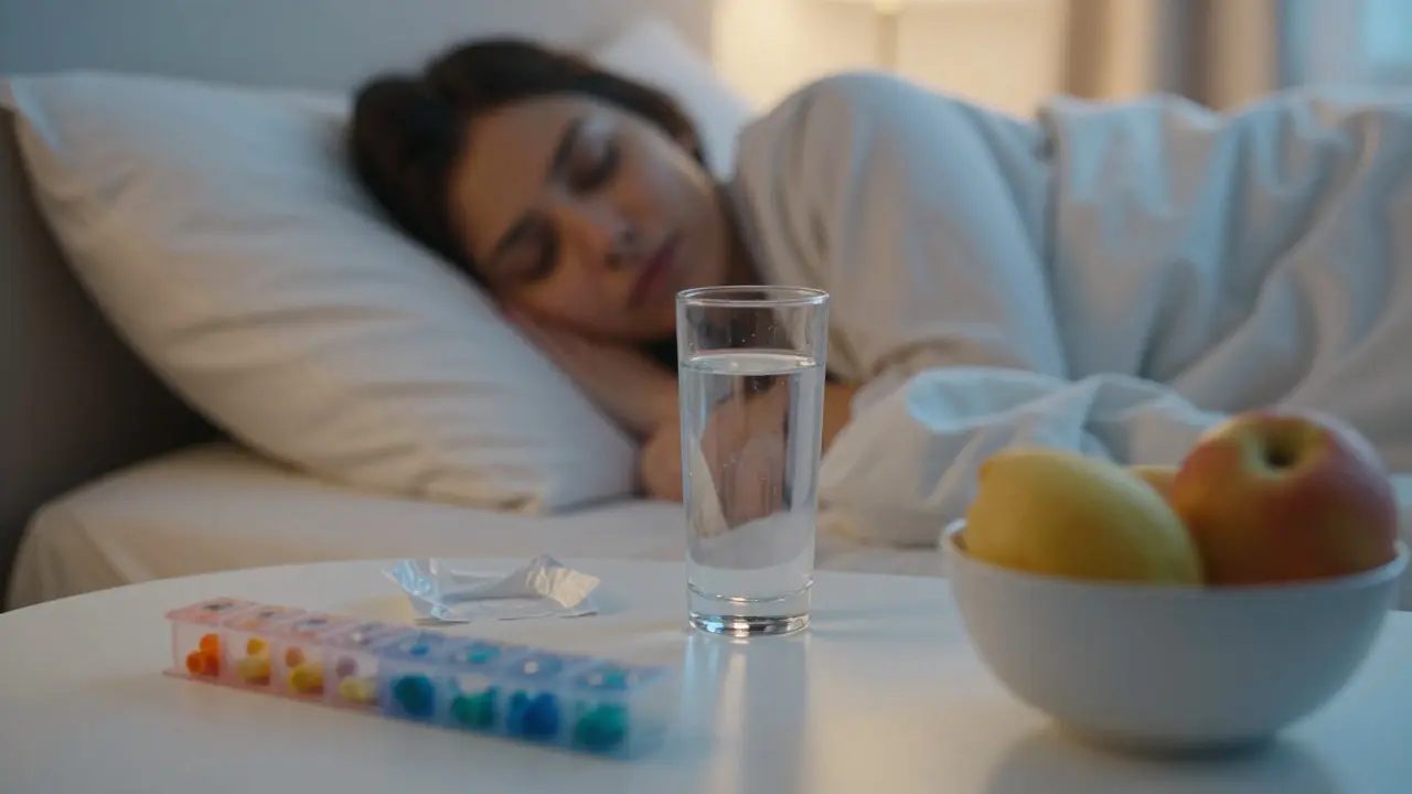Osoba odpočívající v posteli s pitím a ovocem pro podporu zdraví