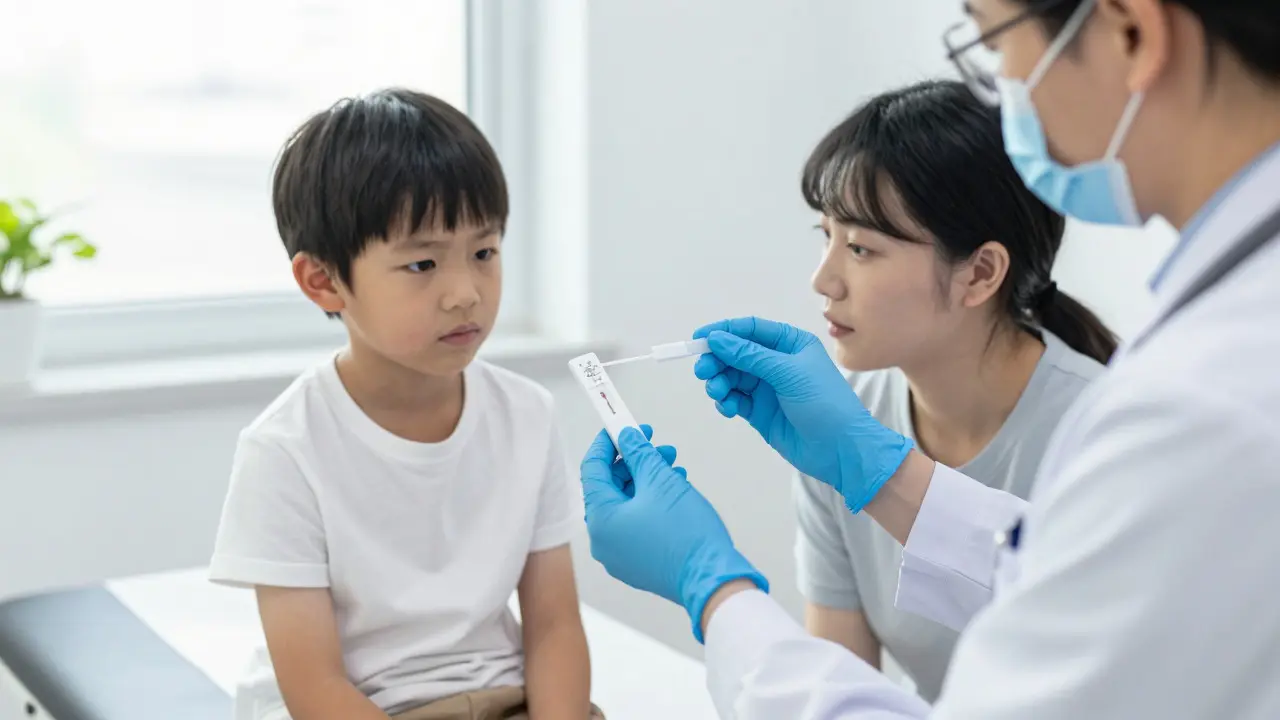 Pediatr provádí rychlý antigenní test na streptokoky u dítěte v ordinaci