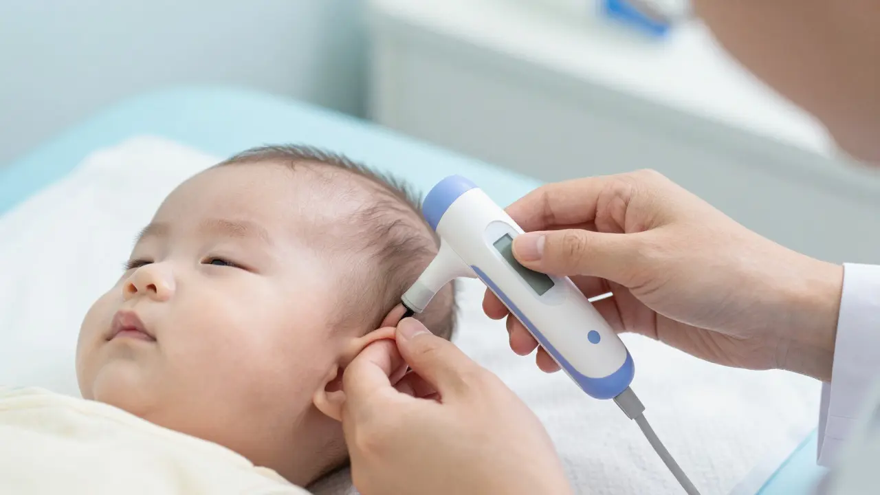 Pediatr ukazuje správné umístění ušního termometru u kojence
