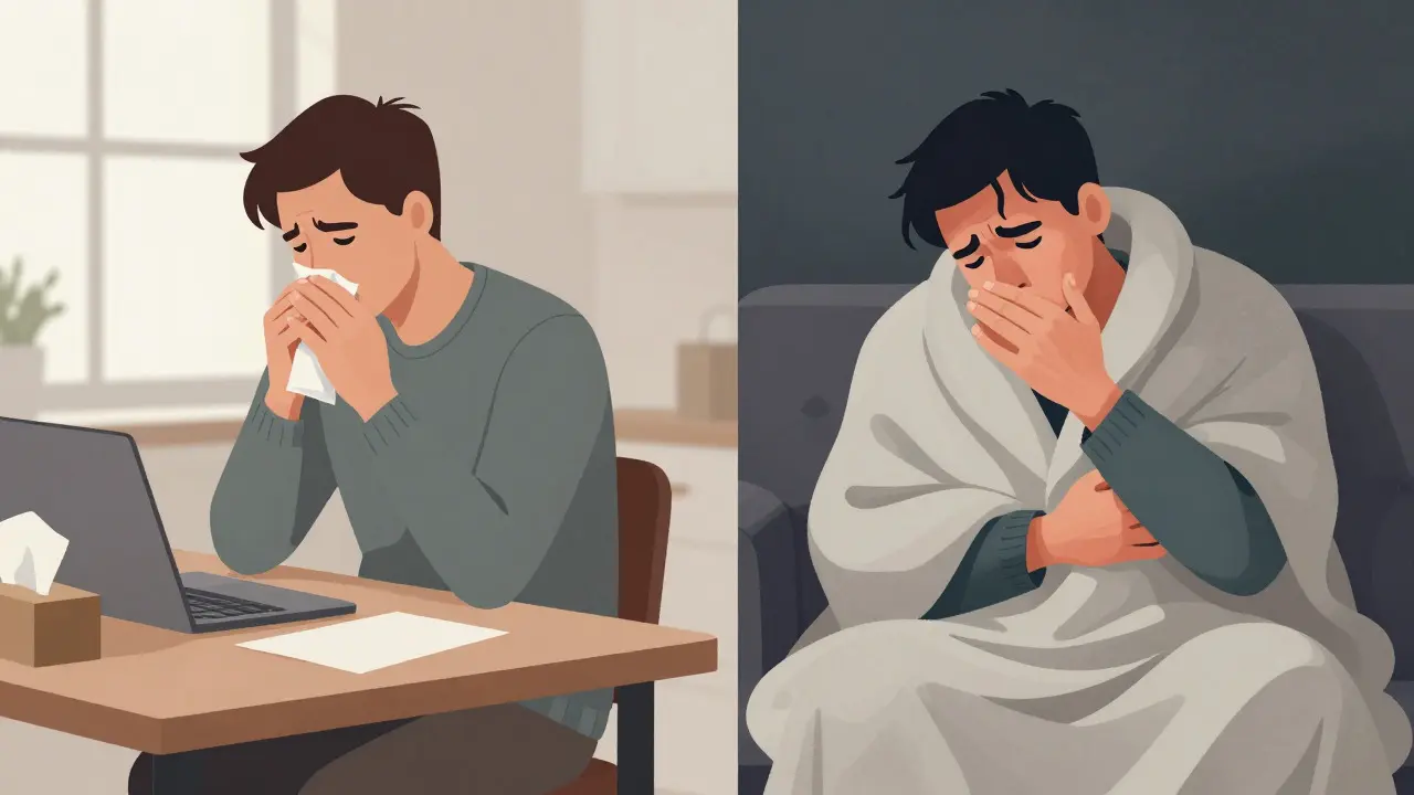 Srovnání mírného nachlazení a těžké chřipky na ilustraci