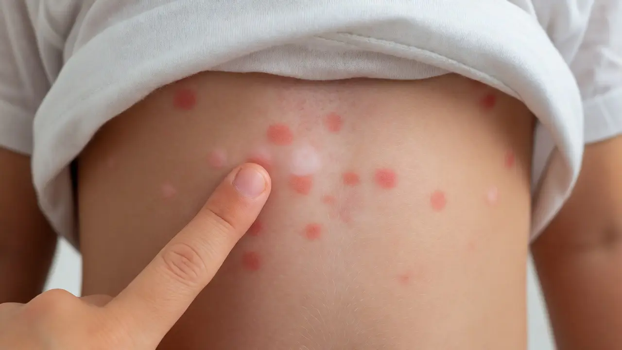 Detailní záběr na růžovou vyrážku na bříšku dítěte při tlaku prstem.