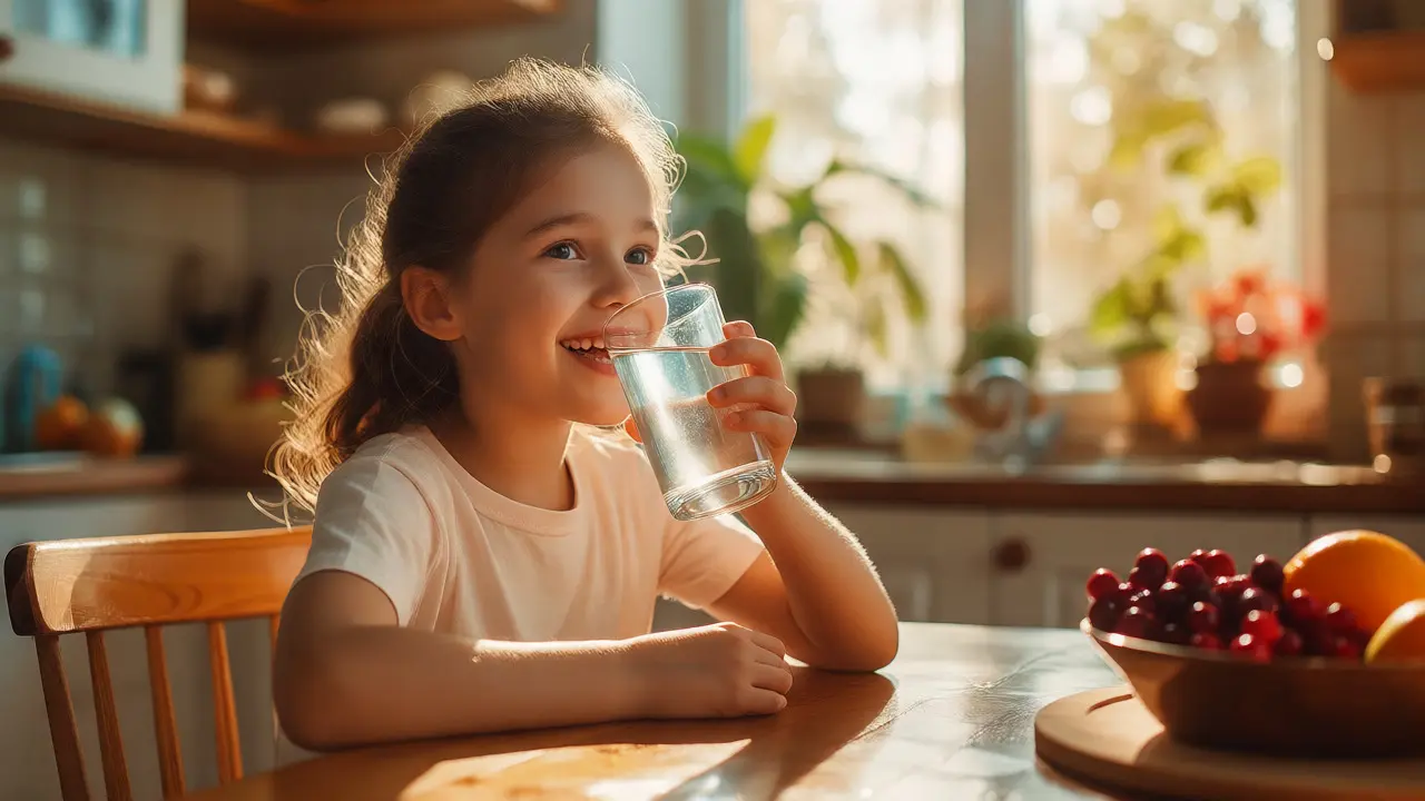 Dívka pije vodu pro hydrataci a prevenci infekce