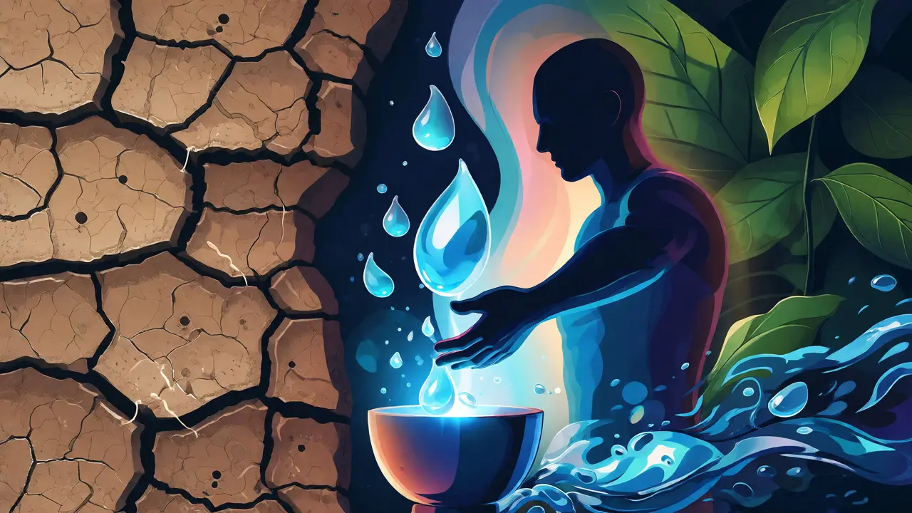 Ilustrace hydratace těla pomocí tekutin a kapky vody.