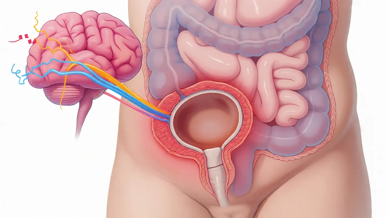 Ilustrace hyperaktivního močového měchýře a nervových signálů u dítěte