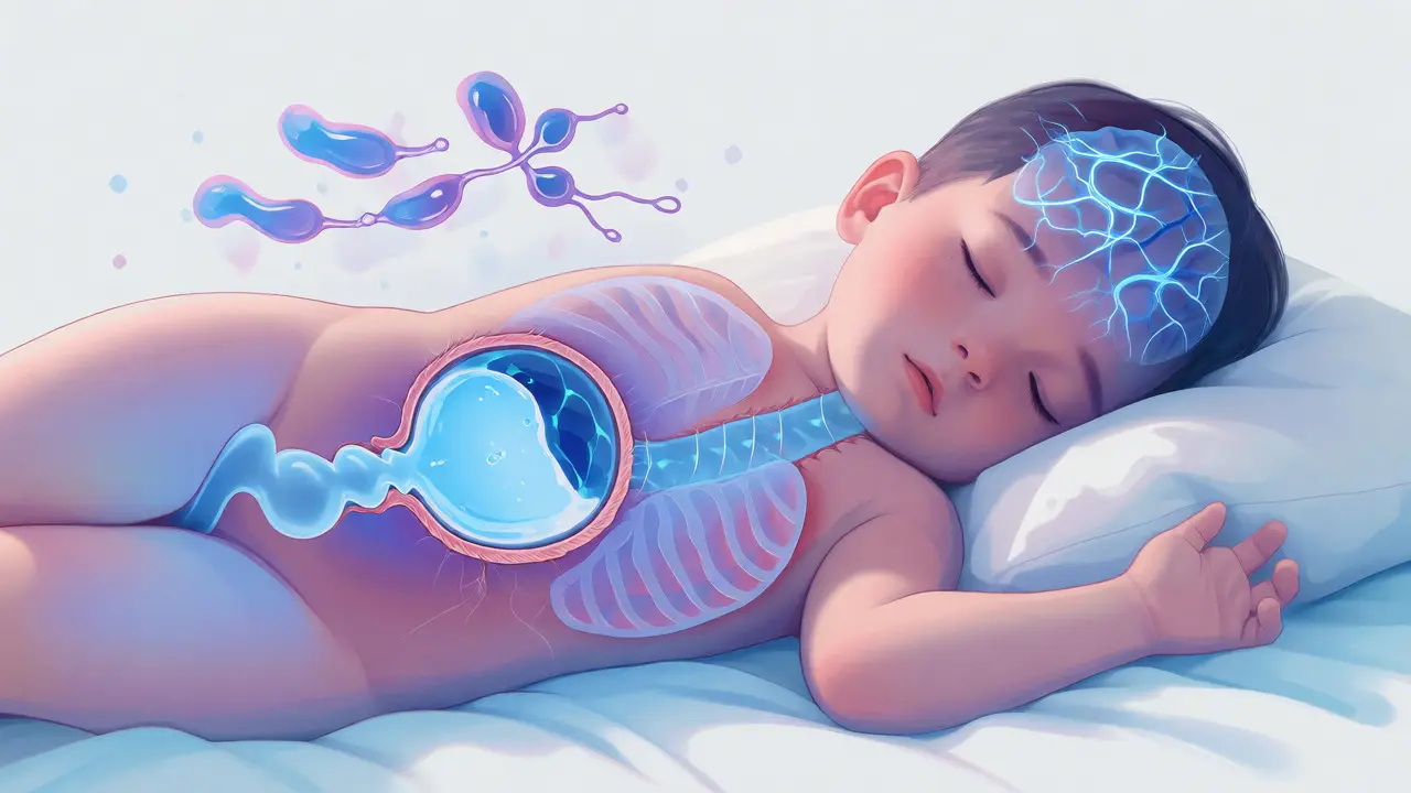 Ilustrace spícího dítěte s vyznačeným měchýřem a mozkovými signály.
