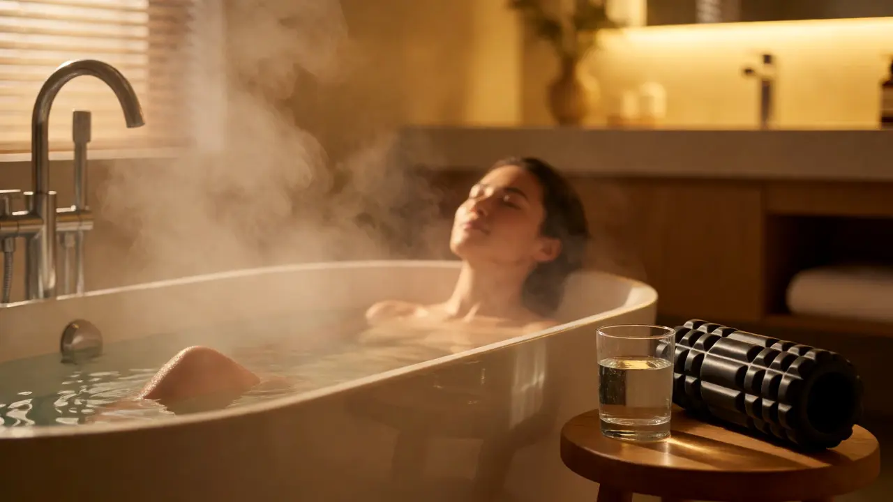Osoba relaxující v teplé vaně pro úlevu od svalové bolesti