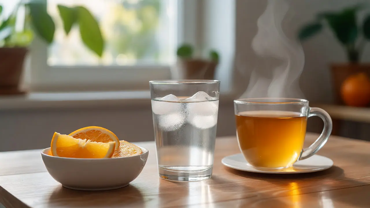 Sklenice vody, ovoce a čaj připravené pro hydrataci při nemoci.