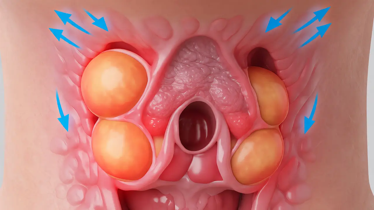 Anatomický náhled na oteklé lymfatické uzliny pod čelistí při angíně
