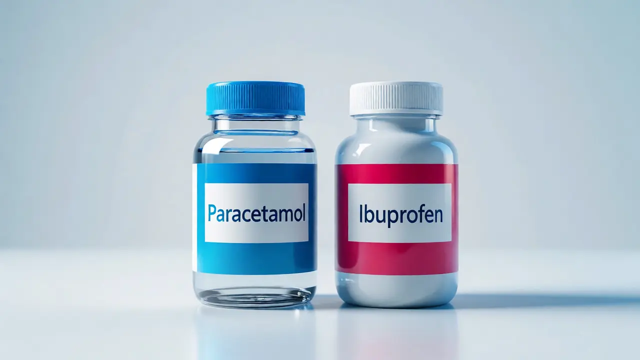 Lahvičky s léky paracetamol a ibuprofen na bílém pozadí