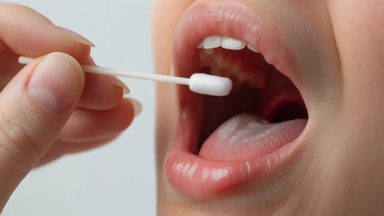 Lékař provádí odběr stěru z hrdla pro rychlý test