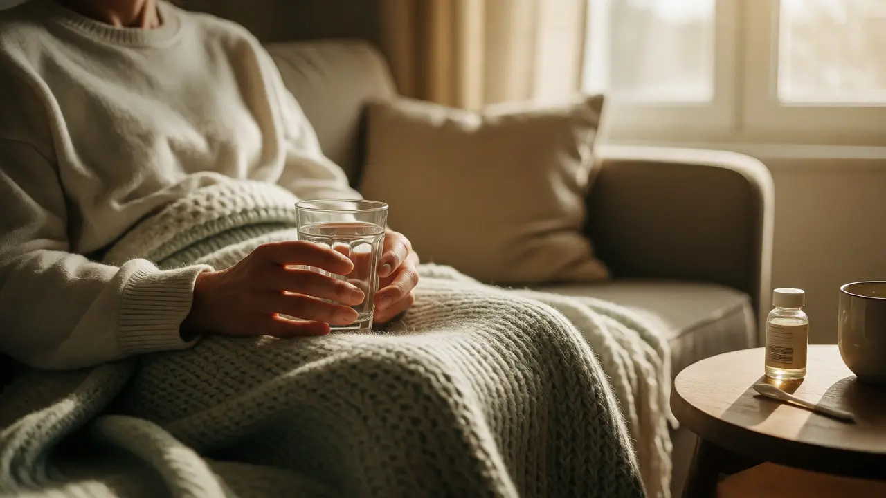 Odpočívající pacient doma s probiotiky po léčbě antibiotiky