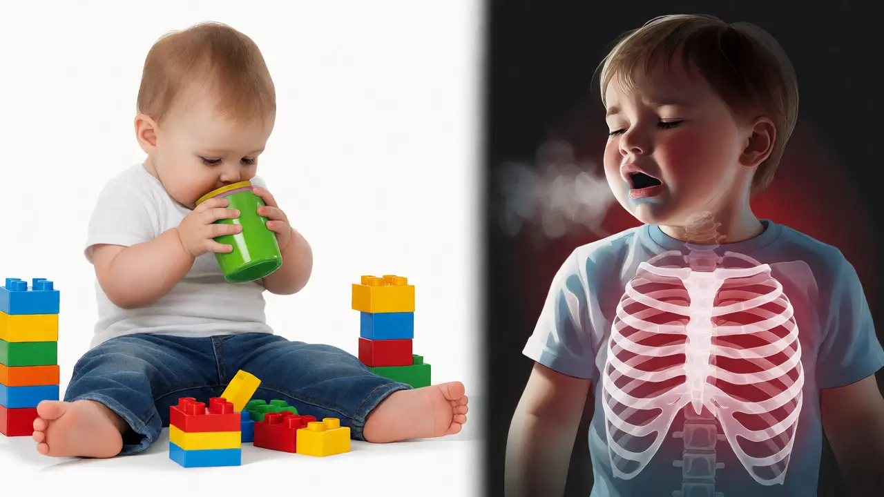 Porovnání hrajícího se dítěte s příznaky dechových obtíží.