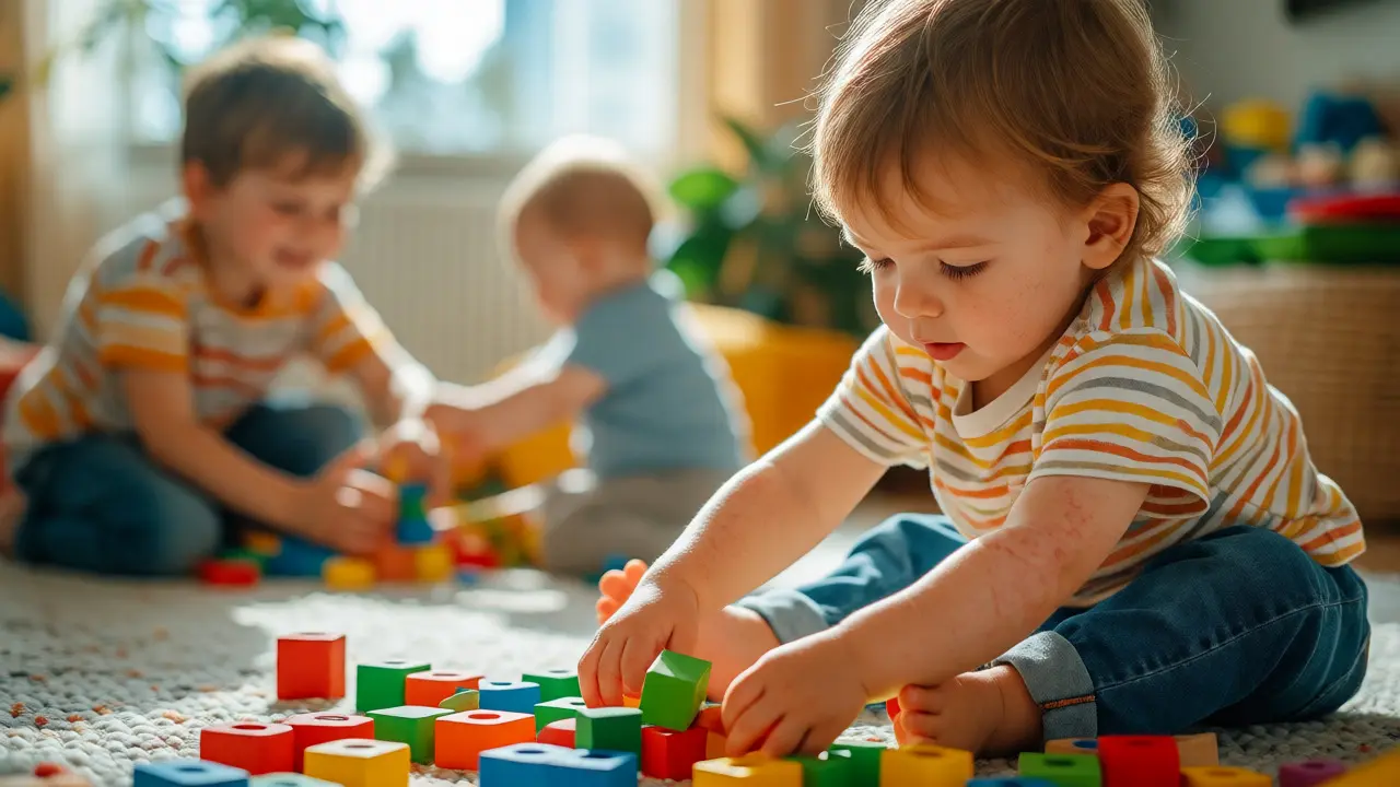 Zdravé batole si hraje s kostkami, zatímco sourozenci se bezpečně hrají v pozadí